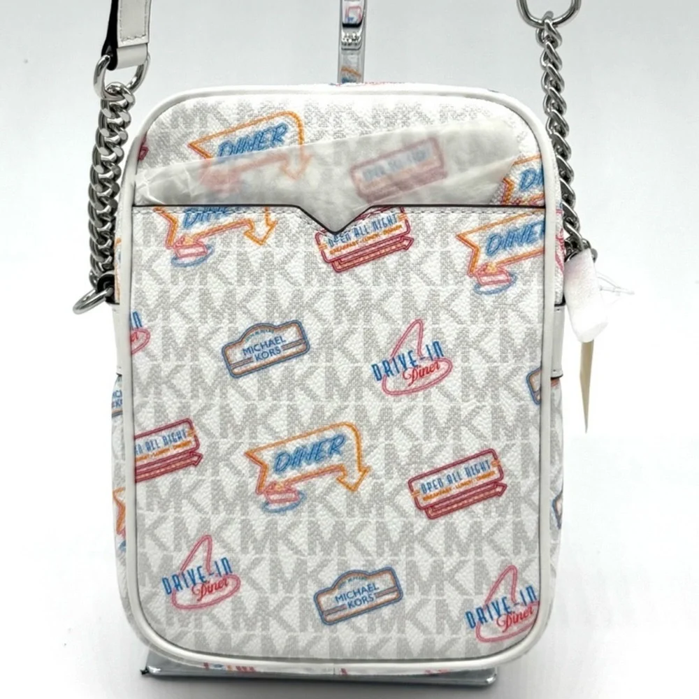 Michael Kors Jet Set Medium Printed Signature Logo Crossbody Bag Optic White